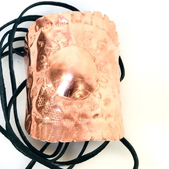Brutalist Huge Concho Repousse Ketoh Arm Band Cuff Solid Copper Bracelet Leather - Picture 6 of 7
